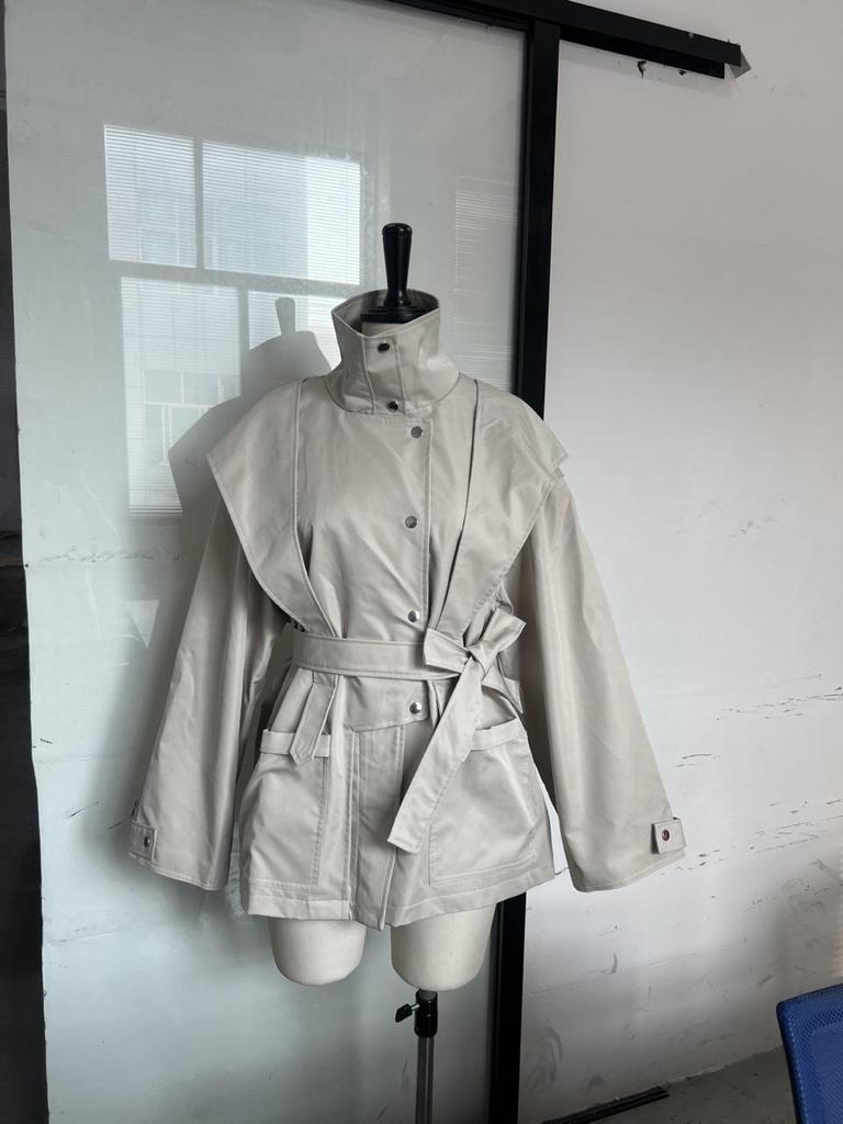 In Stock - New Elegant Khaki Autumn Trench Coat with Stand-Up Collar & Belted Waist