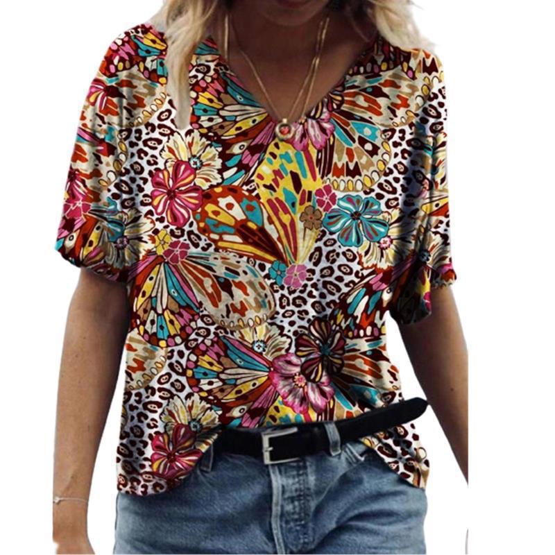 Women's T-shirt 3D Pattern Printed Casual Short Sleeved V-Neck Top Fashionable Street Women's Clothing