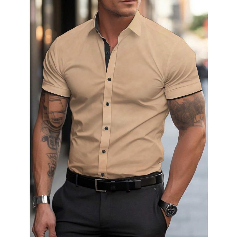 Herren Zweifarbig Grün Kurzarmhemd Slim Fit Button-Down Lässige Bluse 4XL beige