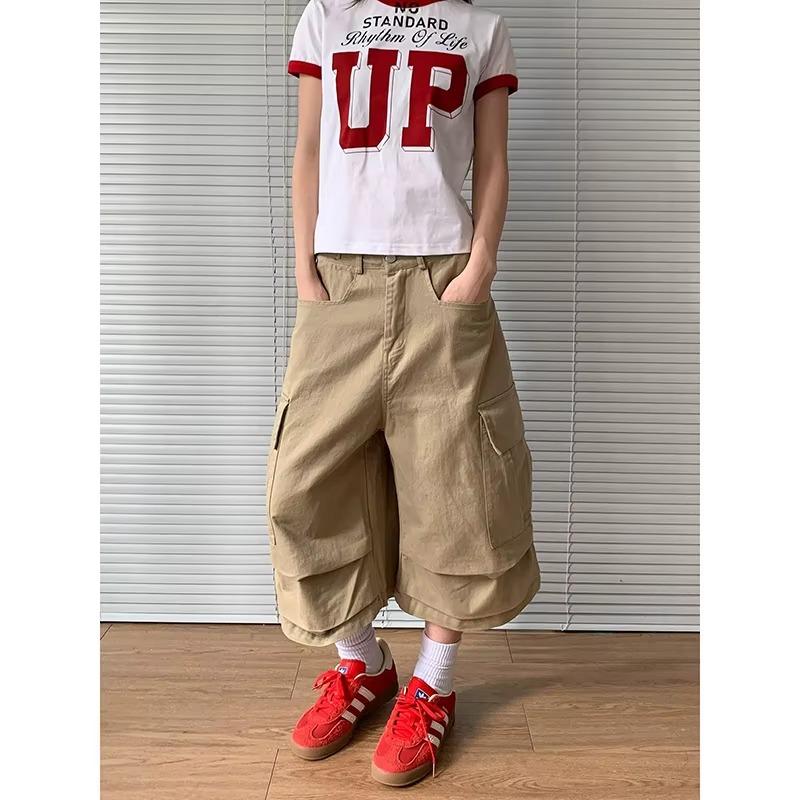 FlowStreet American Vintage Y2k 2000s Cargo Pants Women Harajuku Oversized Baggy Summer Shorts Trousers Streetwear Khaki Jean Capris