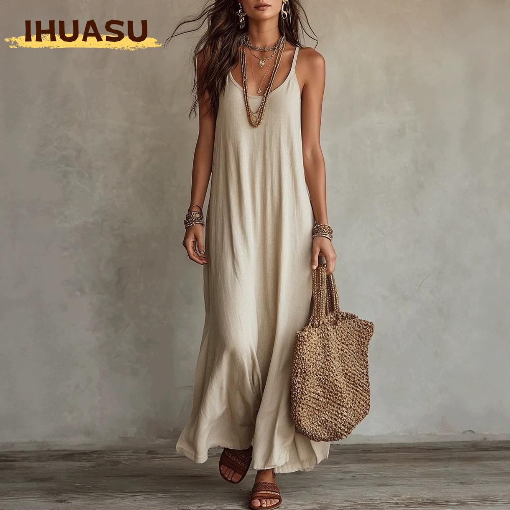 IHUASU Fashion Summer Spring Solid Color Print Sleeveless U-Neck Casual Dresses