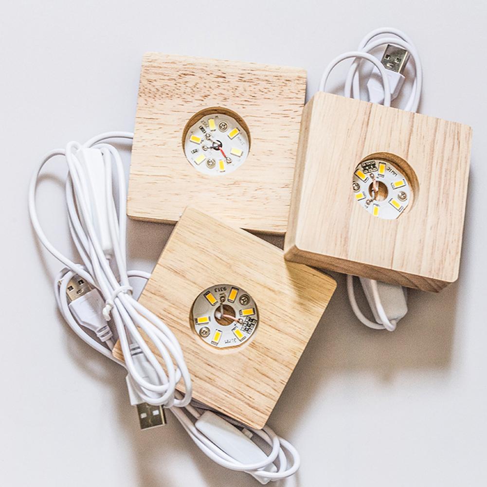 8cm LED Light Display Base Wooden LED Night Light Base with 6 LEDs Warm Light for Bedroom Office Desktop