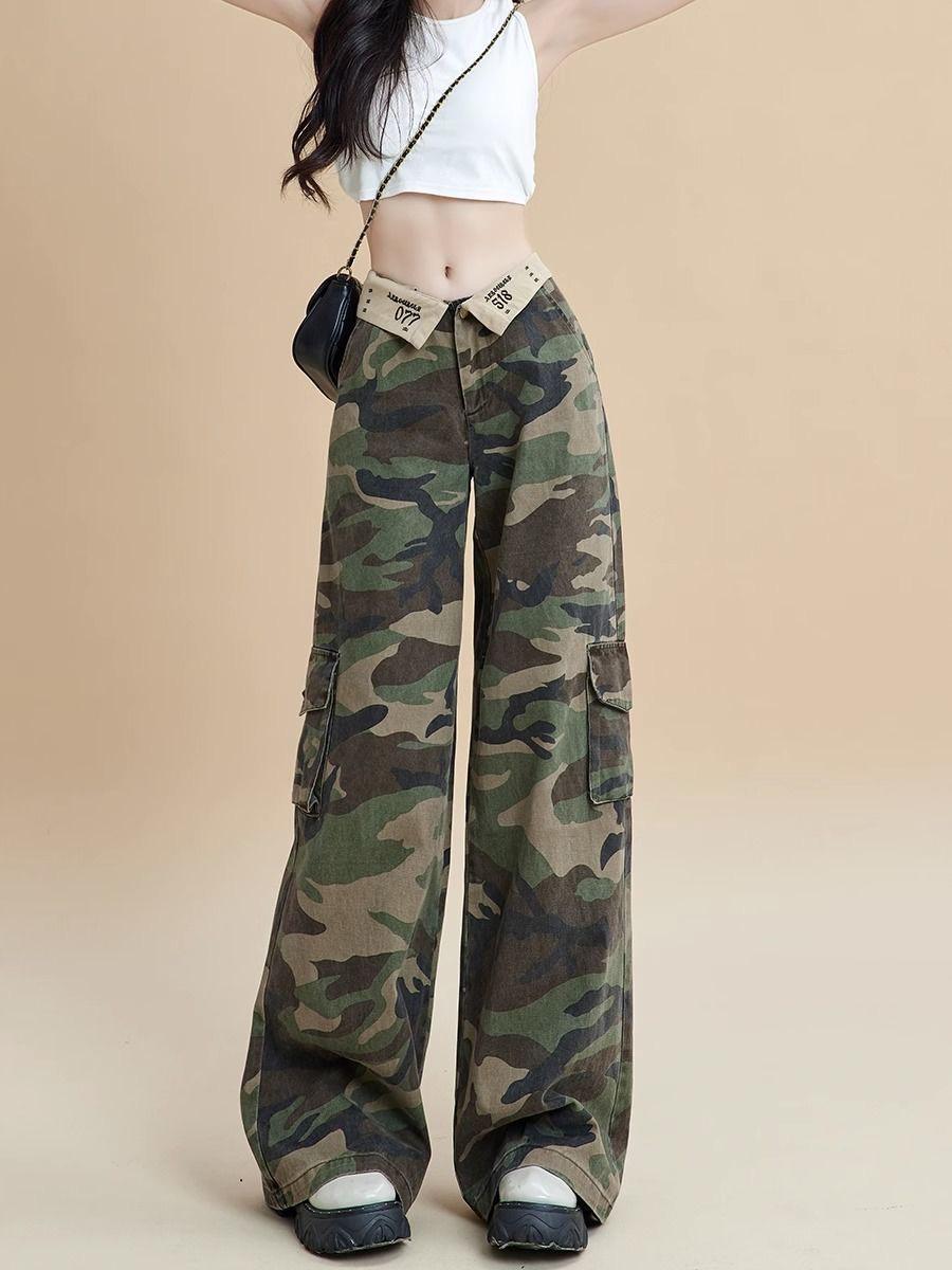Women s 2024 Cuffed Camo Wide-Leg Cargo Jeans - American Retro Low-Rise Slimming Style Small