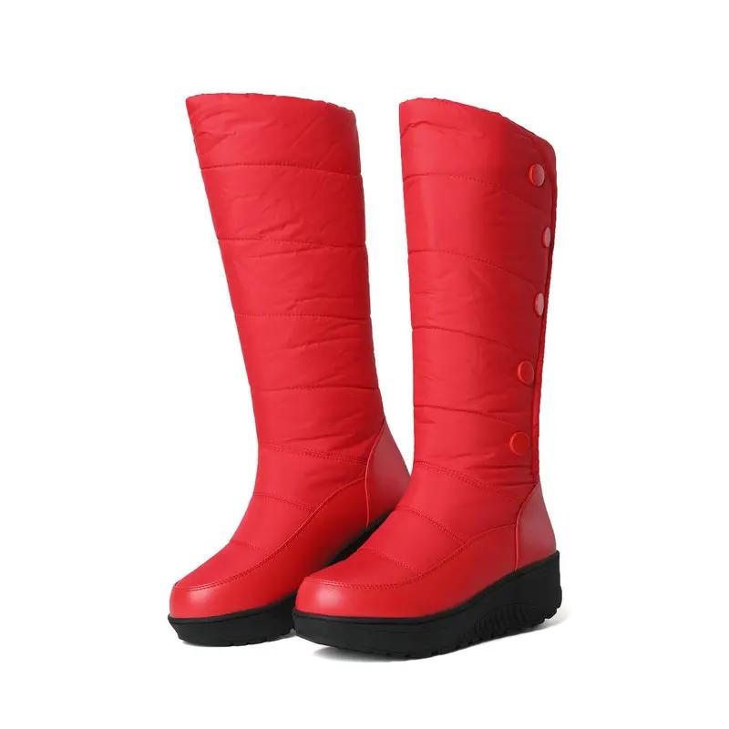 New Forst Winter Snow Boots Women Mid Calf Warm Plush Wedges Shoes Waterproof Down Patchwork PU Buttons Platform Boots