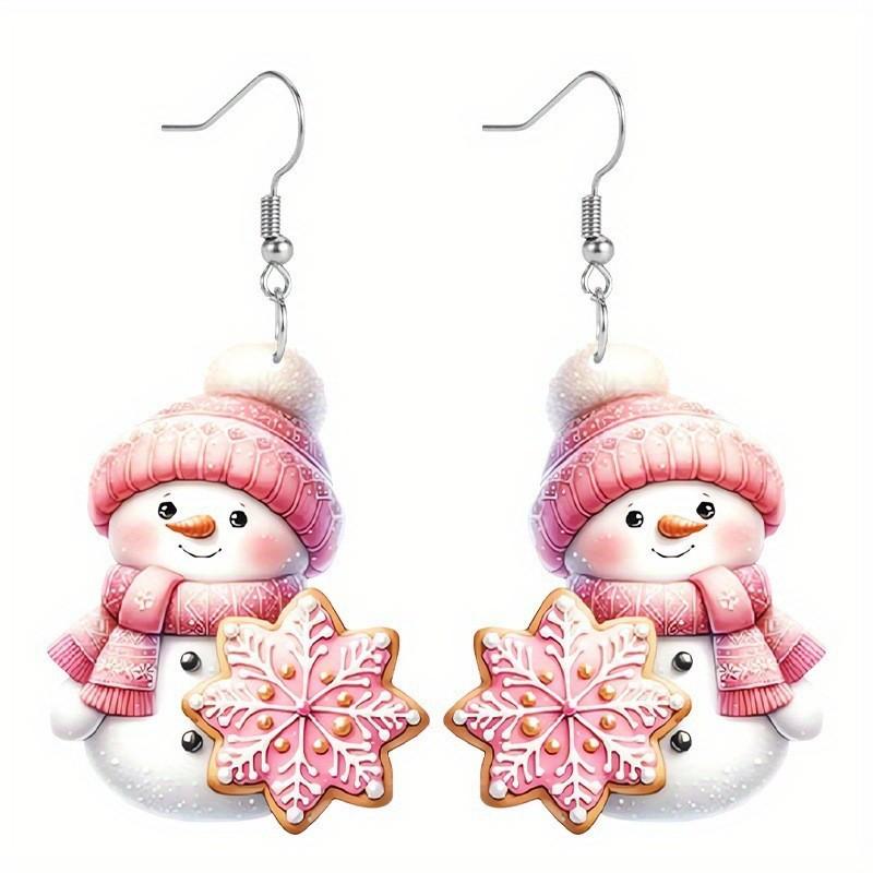 Theme Cute Christmas Cartoon Pink Hat Scarf Snowman Pattern Women Earrings