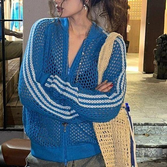 

Вязаный кардиган с вырезами в стиле ретро, трендовый, синий, на молнии, в полоску, топ, куртка M синий