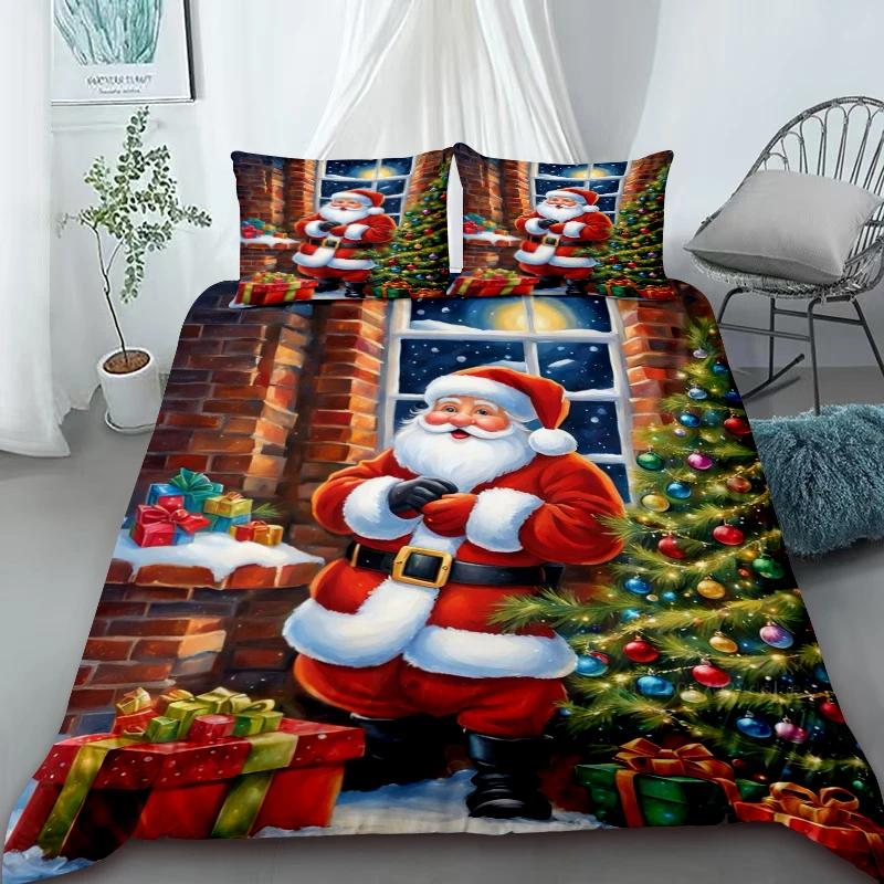 Cartoon Santa Claus Duvet Cover Elk Christmas Bedding Set With Zipper 1 Duvet Cover 2 Pillow Case Queen King Bedroom Decor