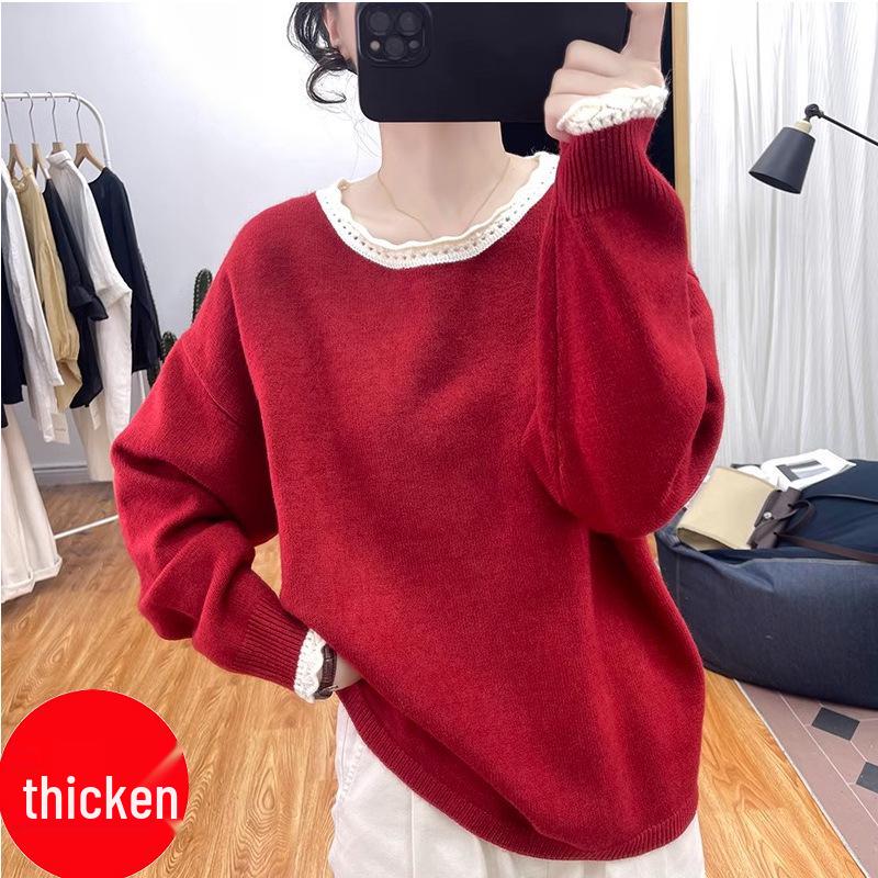 Damski sweter z koronkowym kołnierzykiem i kolorowym blokiem kolorów, odmładzający – jesień i zima, gruby, luźny krój, kolekcja 2025