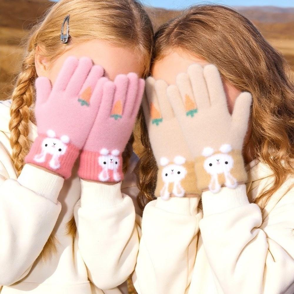 High Elasticity Cartoon Rabbit Gloves Windproof Kids Hand Warmers Knitted Gloves  For Kids
