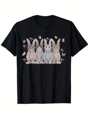 Easter Bunny Cats Graphic Tee Cute Kitten Rabbit Ears Pullover T-Shirt Casual Spring Gift