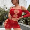 European & American Fashion Women's Sexy Hollow-Out Two-Piece Bodycon Mesh Dress with Hot Drill Hip-Wrap Skirt