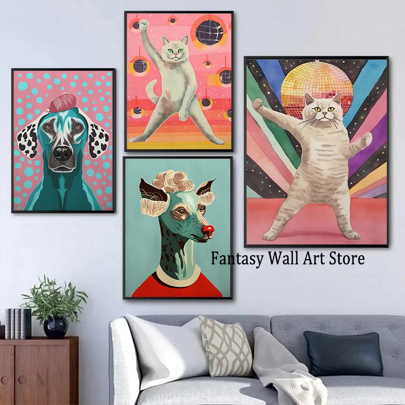 Vintage Cats and Dogs Funny Poster Trendy Retro Wall Art Decor Canvas Printing Poster Funny Retro Cats Wall Decor Funky Wall Art