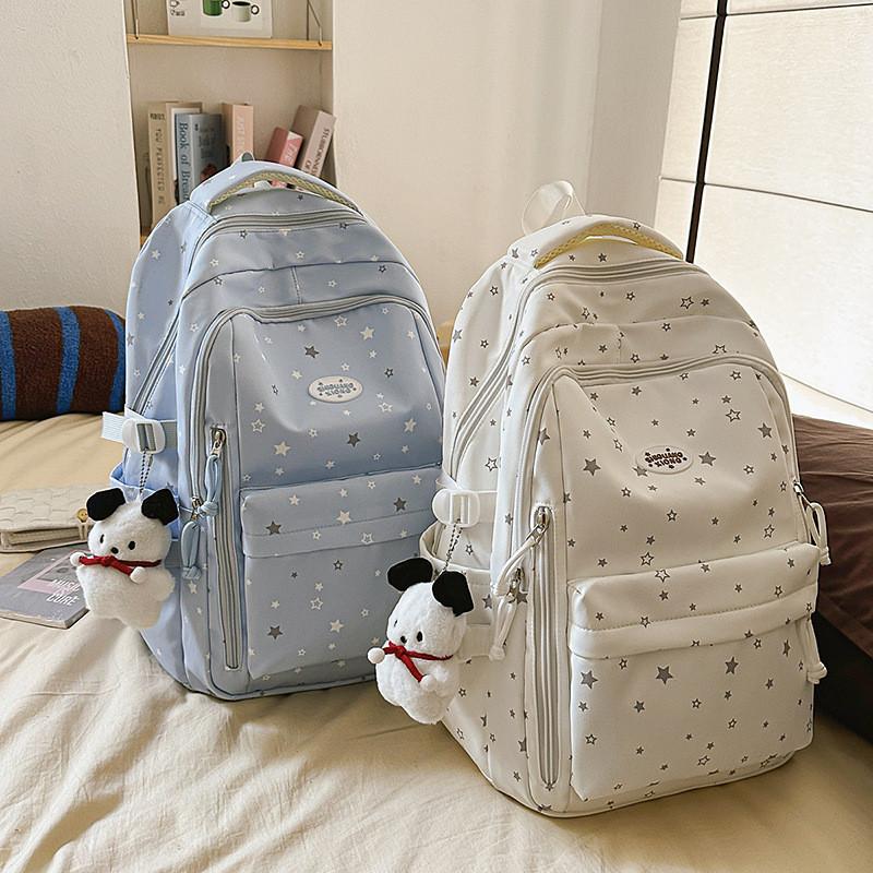 Star Pattern Simple Student Backpack With Plush Pendant For Casual Daily