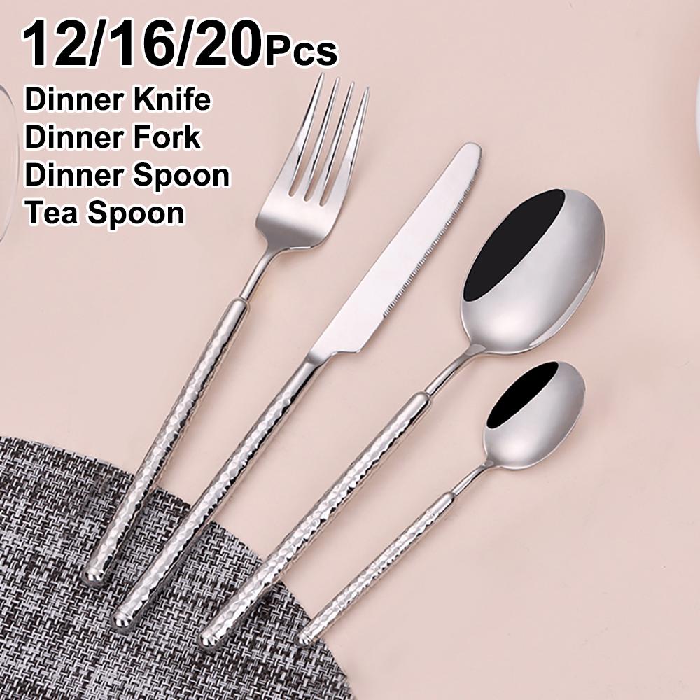 

4/8/12/16/20 шт. Серебряные столовые приборы из нержавеющей стали 304, столовая посуда, набор для ужина в стиле вестерн, золотой, с зеркальной ручкой и молотком, нож и вилка 1 Set 4pcs
