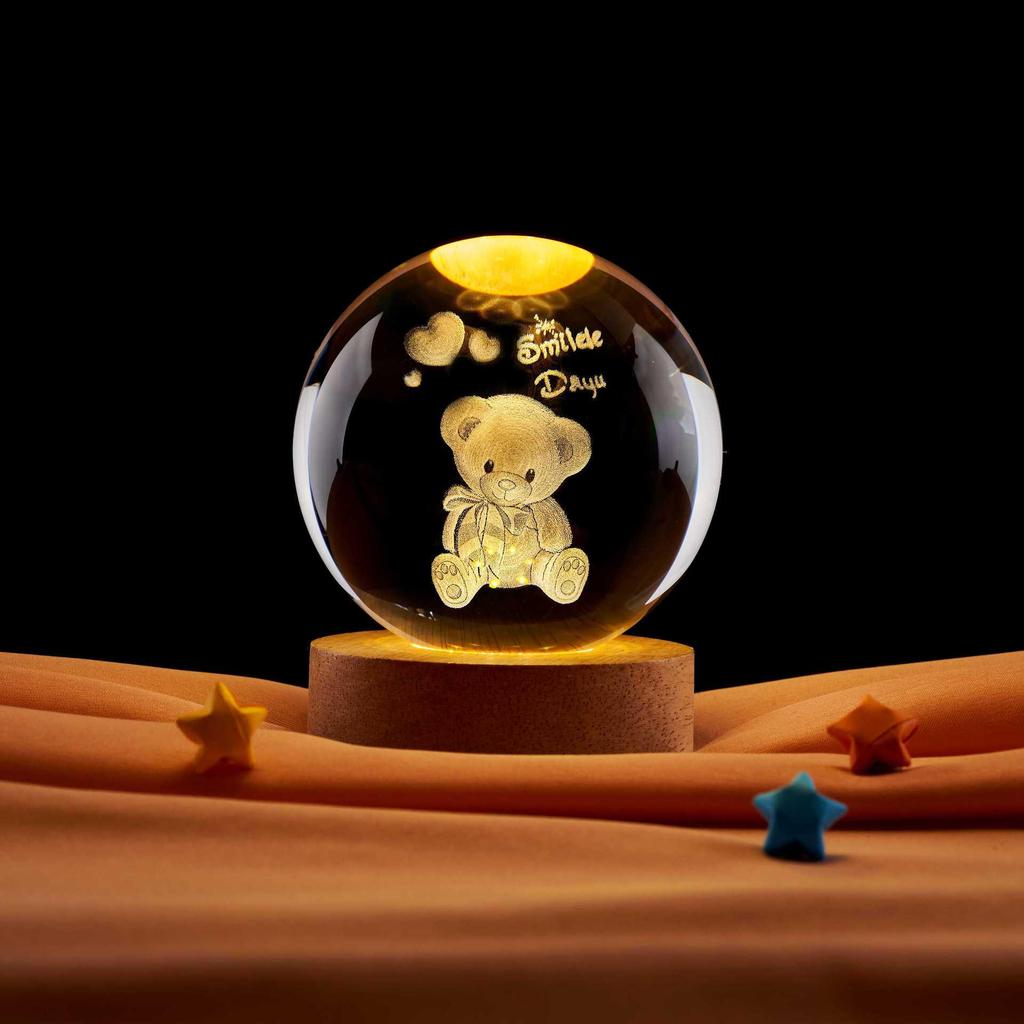 Luminous Teddy Bear Crystal Ball Night Light with Wooden Base - Creative Desktop Decoration Gift.