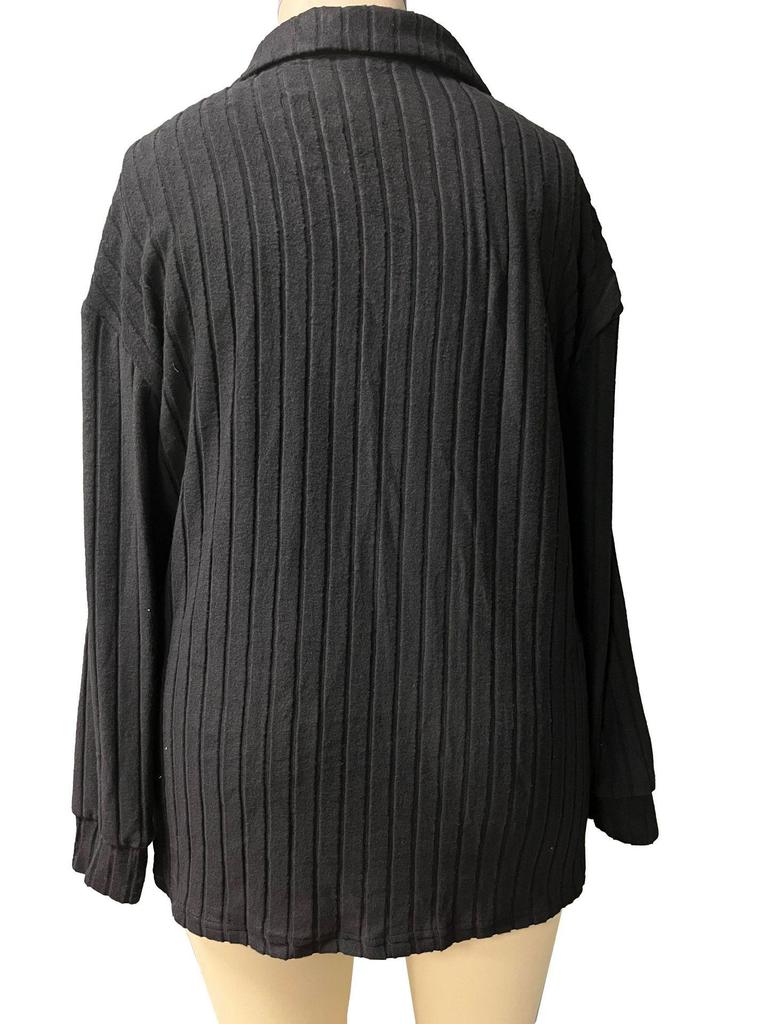 2023 Autumn/Winter Women's Plus Size V-Neck Ribbed Long Sleeve Brushed T-Shirt
