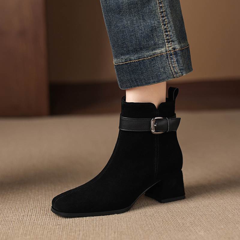 Krazing Pot Cow Suede Nubuck Square Toe Thick Heels Chelsea Boots Size 42 Zip Beauty Lady Women Ankle Boots