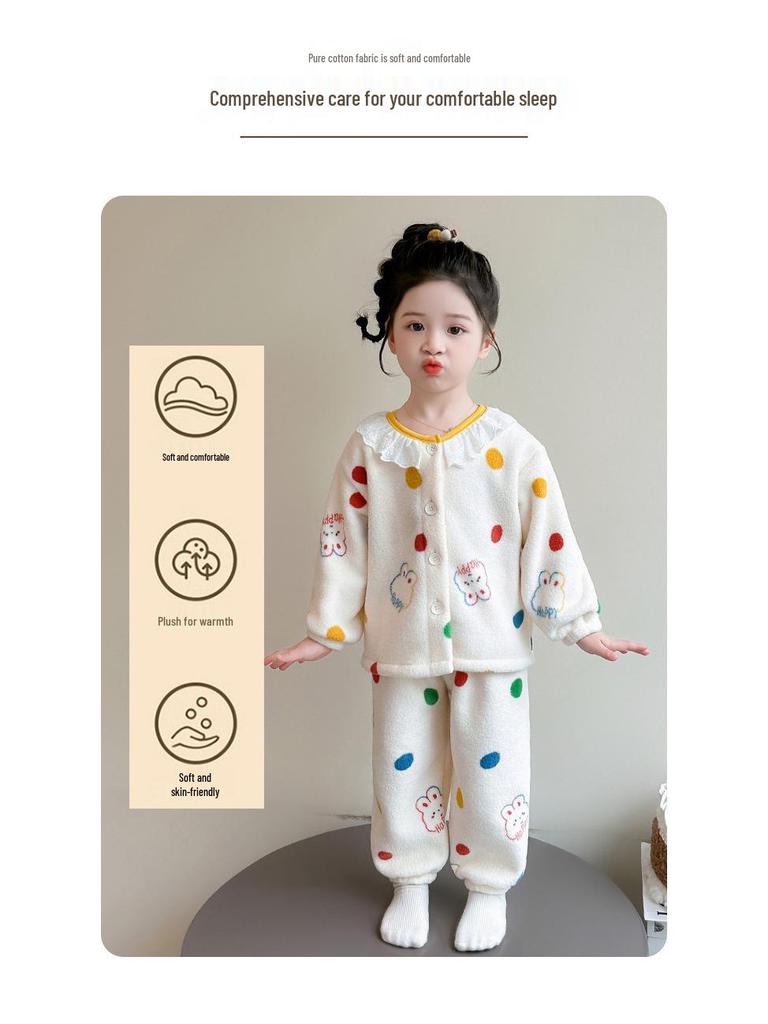 Kinder Winter Flannel Schlafanzug Set - Koralle, Samt, Verdicktes Trendiges Design für Mädchen