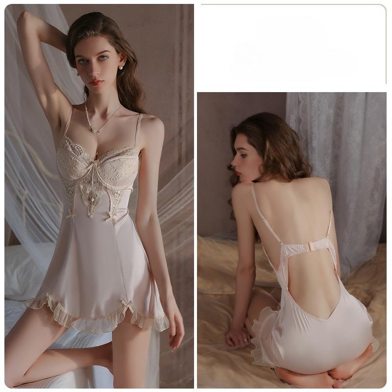 Women’s Satin Lace Sleep Dress Backless Cami Nightdress with Floral Mesh and Padded Underwire Bra