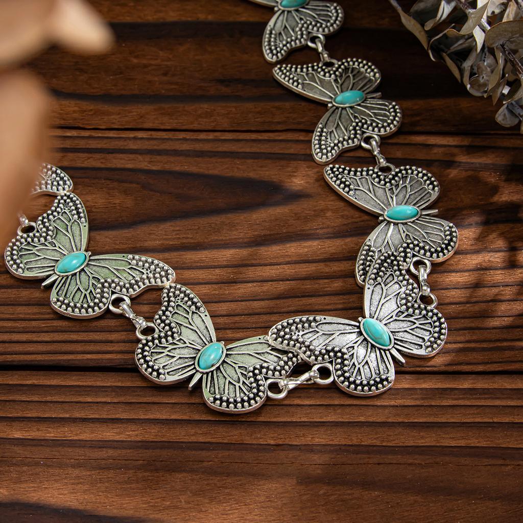 Bohemian Resort Style Metal Butterfly Waist Chain, Retro Ethnic Style Imitation Turquoise Belt Decoration