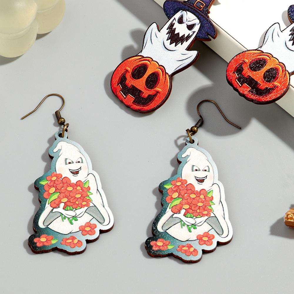 New Halloween Wooden Earrrings for Women Funny Creative Witch Ghost Pumpkin Flower Drop Earring Party Jewelry Hallowmas Gifts