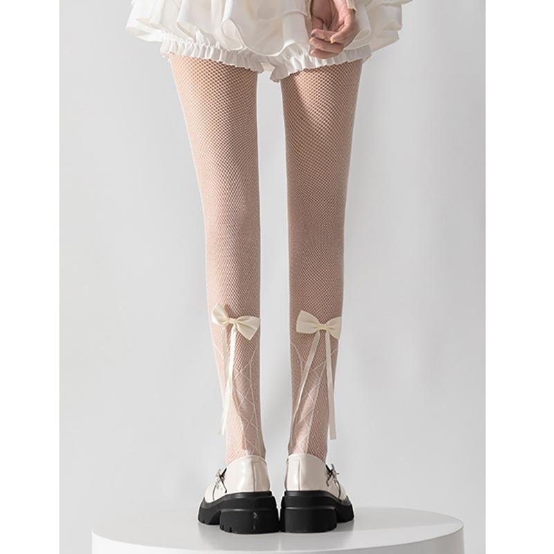 Women Japanese Ballet Sheer Mesh Pantyhose Stockings Crisscross Pattern Cute Ribbon Bowknot Fishnet Tights Leggings