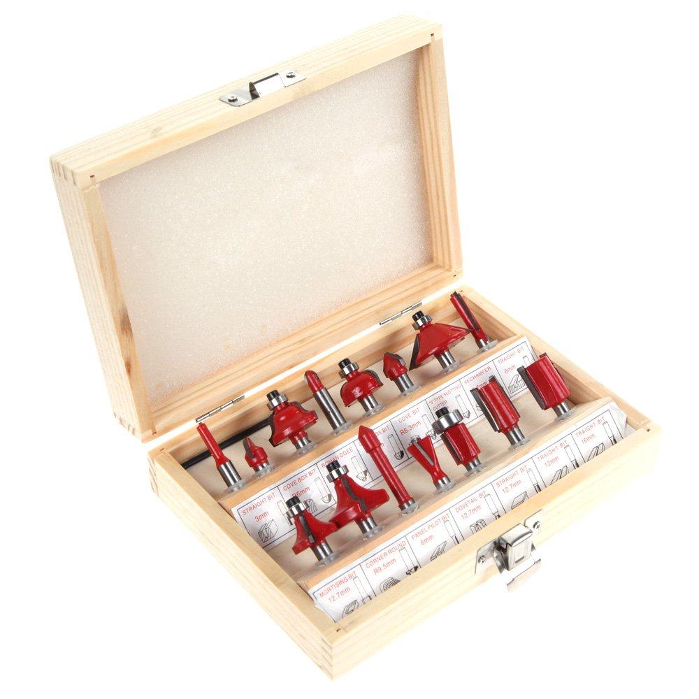 zmart Tungsten Carbide Router Bit Set of 15, 6.35mm Shank, Wood Case, Milling Cutter, Carbide