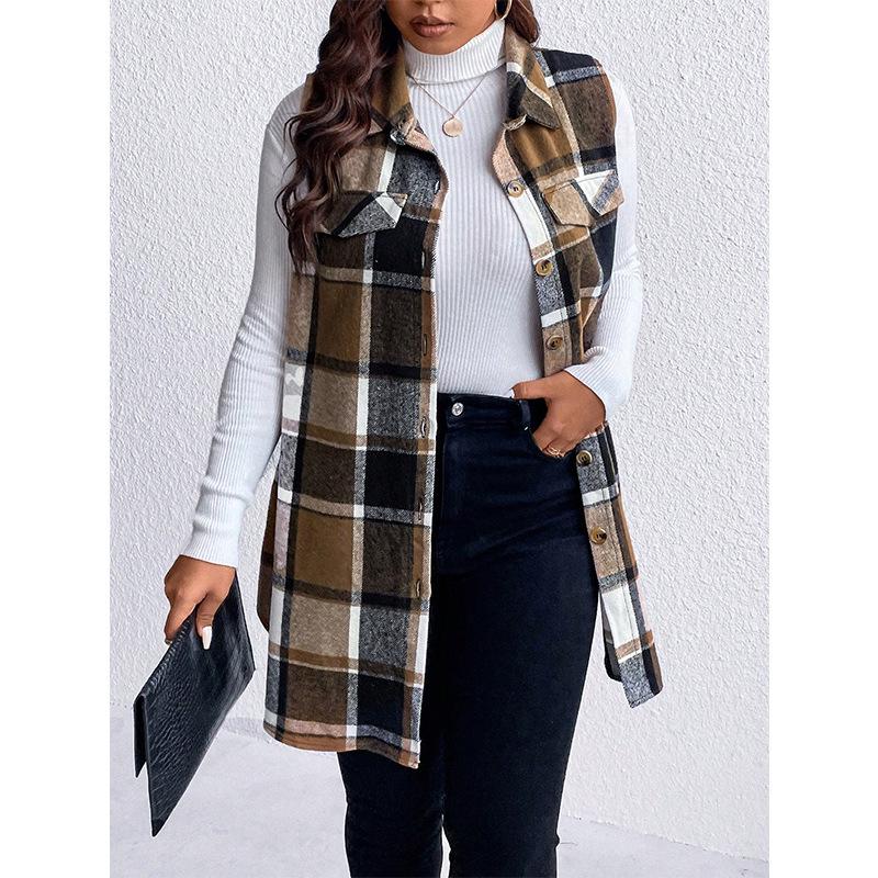 European & American Plaid Sleeveless Woolen Vest, Autumn/Winter Fashion, Loose Women's Coat