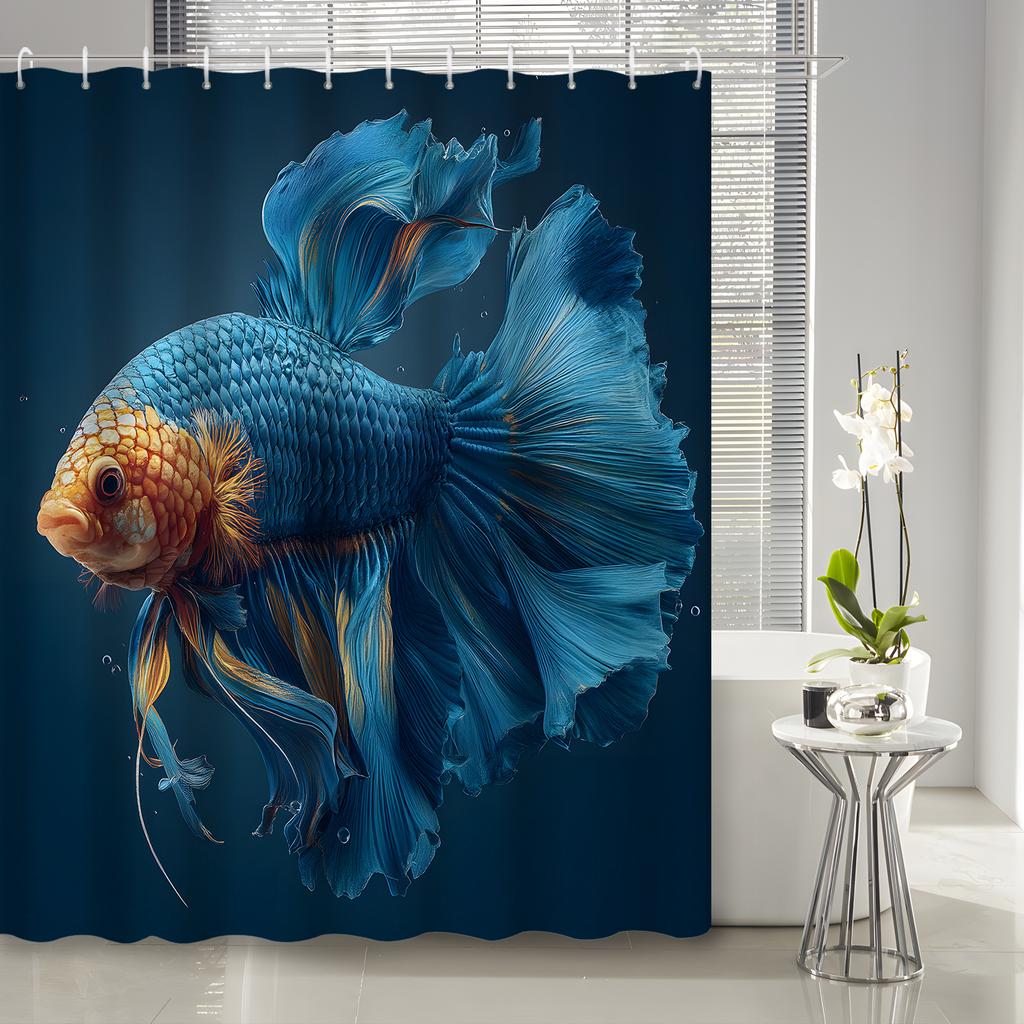 1pc Ocean Blue Fish Print Shower Curtain, Polyester Fabric with 12 Hooks, Bathroom Accessory Shower Curtain