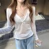 Half-open Neck Button Lace Fake Two-piece Long-sleeved T-shirt Women's Spring Summer Thin Sunscreen Shirt Korean V-neck Blouse Top
