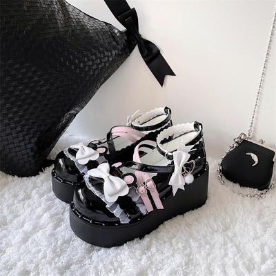Lolita doce sandálias femininas estilo japonês laço laço kawaii mary janes sapatos fivela design dedo do pé redondo sapatos de plataforma casuais