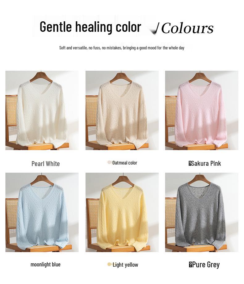Early Autumn Retro V-neck Hollow Pure Cashmere Women's Pullover - Korean Soft Casual Knit Long Sleeve Sweater