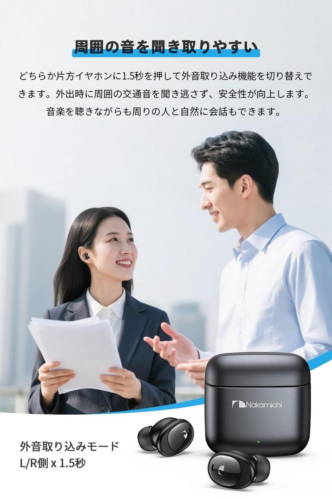 Nakamichi ELITE FIVE 022ANC Wireless Bluetooth Active Noise ENC Noise Ambient Sound Alloy Up to 28 Hours of Single Ear Type Earbuds, 5.2, Cancelling,