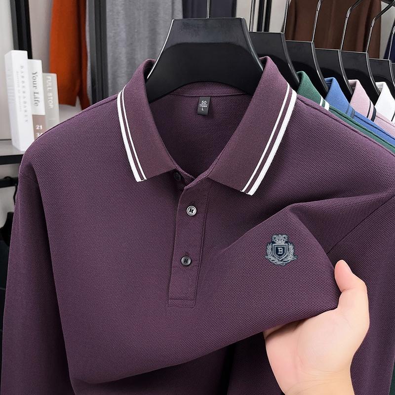 Cotton High-End Brand Men's Polo Shirt Lapel Long Sleeve T-Shirt Autumn Arrival Badge Print Soft Business Office Menswear