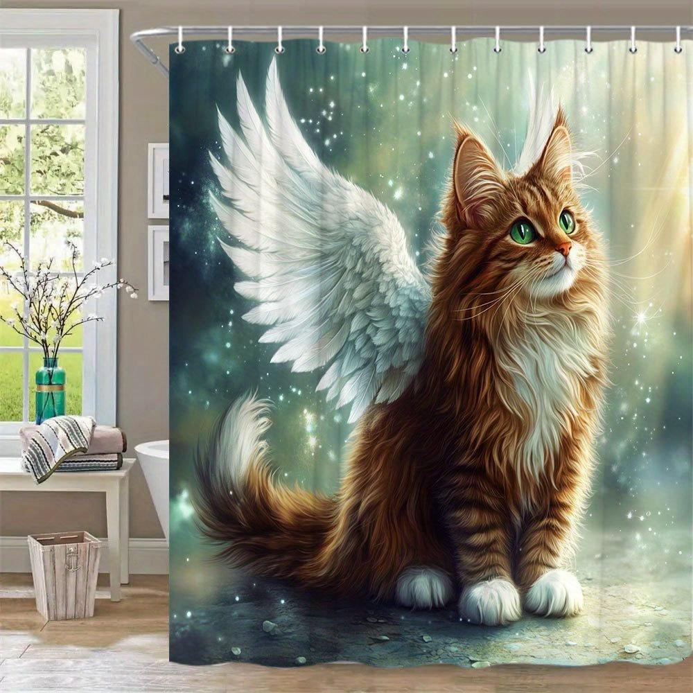 Angel Cat Waterproof Mildew-Resistant Shower Curtain - Magical Design for a Whimsical Bathroom Décor Experience