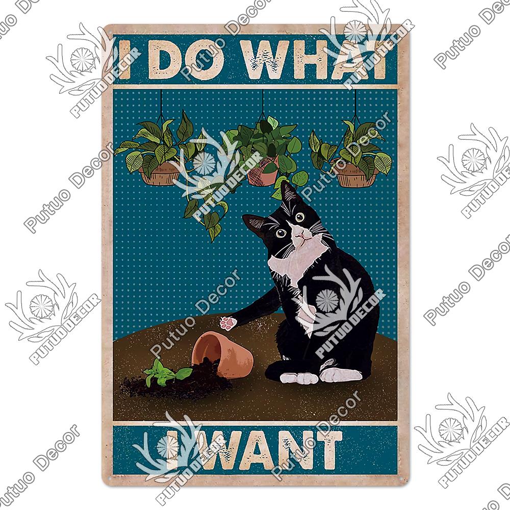 Putuo Decor Cute Black Cat Vintaget Plaque Metal Sign Vintage Tin Sign Poster Decoration for Living Room Barthroom Wall Decor