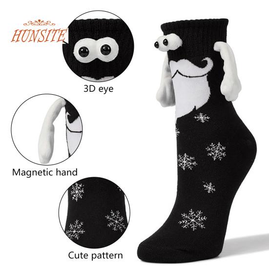 1 pár Vianočné magnetické prísavné držiace sa za ruky párové ponožky, potlač snehových vločiek, vtipné veľké oči, roztomilé ponožky strednej dĺžky, vtipné darčeky