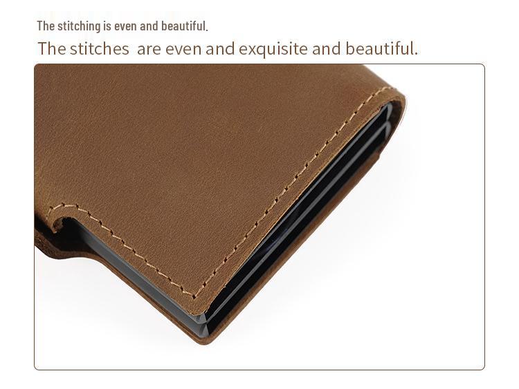 Vintage 2025 Men's Double-Layer Crazy Horse Leather Card Holder with Push-Button Pop-Up and Aluminum Clip