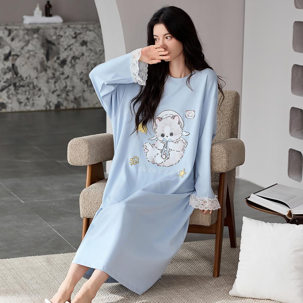 Nachthemd Damen Frühling und Herbst Reine Baumwolle Langärmelig Mittel und Lang Locker, Süß und Hochwertig Lässig Kann Draußen Getragen Werden Loungewear