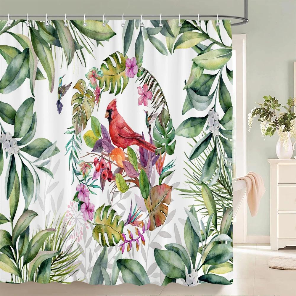 Green Plant Leaves Print Shower Curtains Watercolor Boho Floral Waterproof Morden Bathroom Bathtub Curtain Room Decor With Hooks