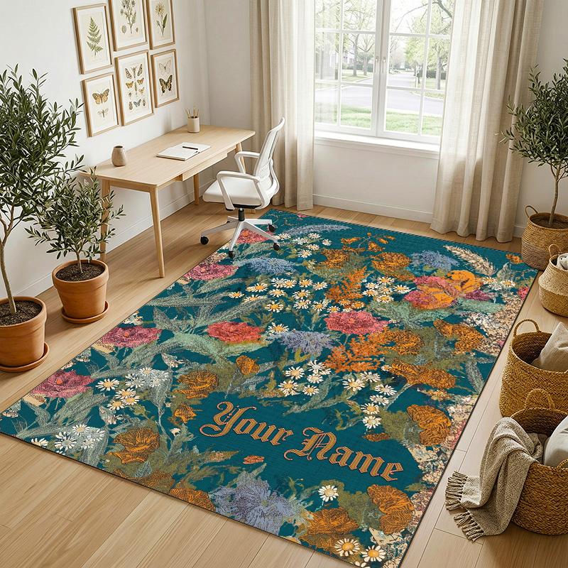 Alfombra de Terciopelo de Cristal con Temática de Jardín Floral Alfombrilla Suave Personalizada con Nombre y Texto Decoración del Hogar