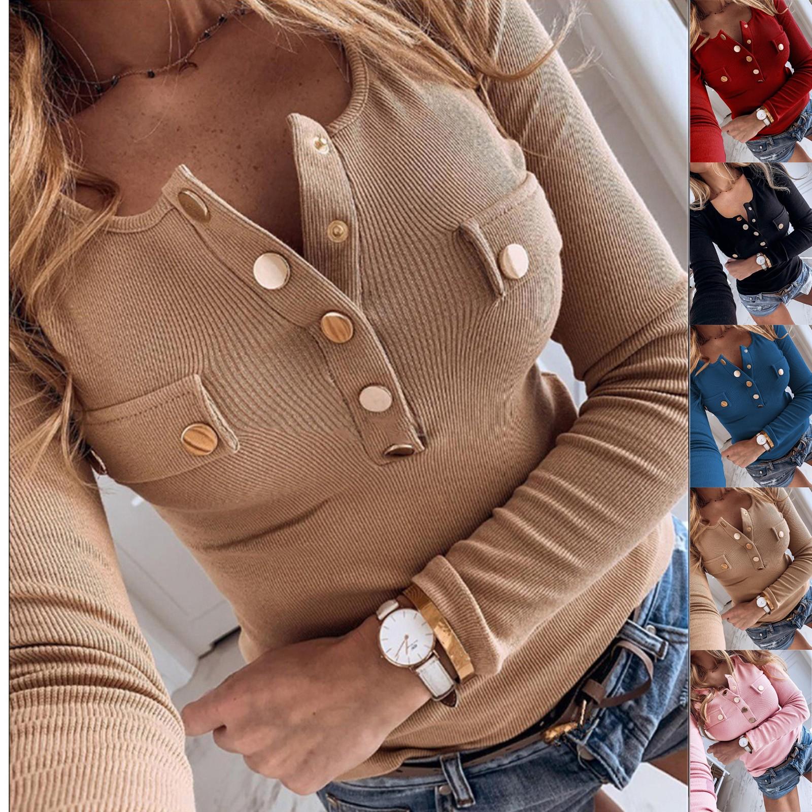 

Women s V-Neck Long Sleeve Casual Button T-shirt Solid Color Bottoming Top L хаки
