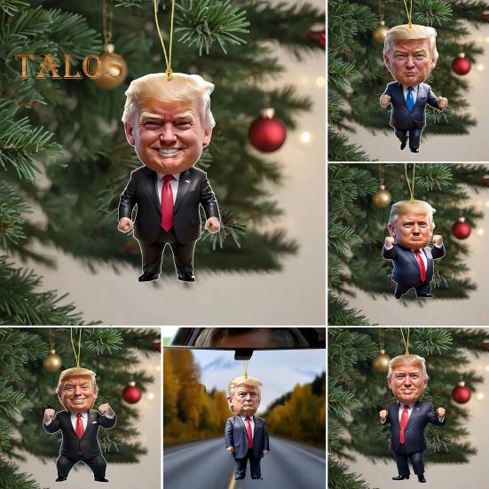 7 Stück Trump-Weihnachtsornament, 2D-flaches Acryl, Cartoon-Trump-Hängeornament, Weihnachtsbaum-Dekoration, Rucksack-Behang, Geschenk für Trump-Fans