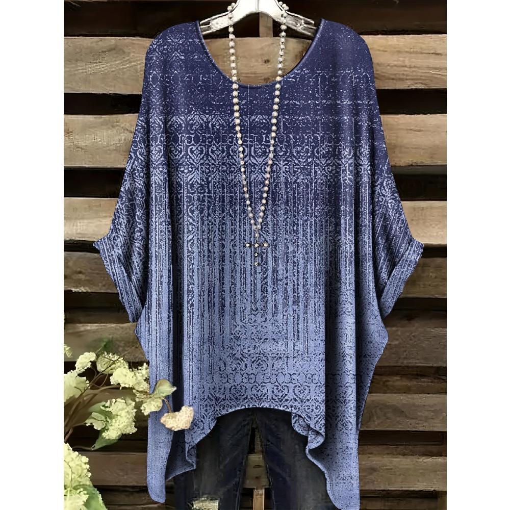 Modne koszulki z gradientem dla kobiet Lato Prosta koszulka z gradientem z nieregularnym dołem z okrągłym dekoltem i krótkim rękawem Wszechstranna odzież damska