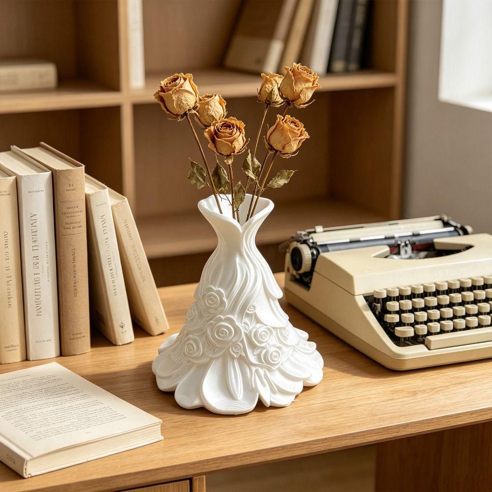 Gown-Shaped 3D Printed Flower Vases Rose Relief Decorative Vase Elegant Dress Vase Wedding Decor
