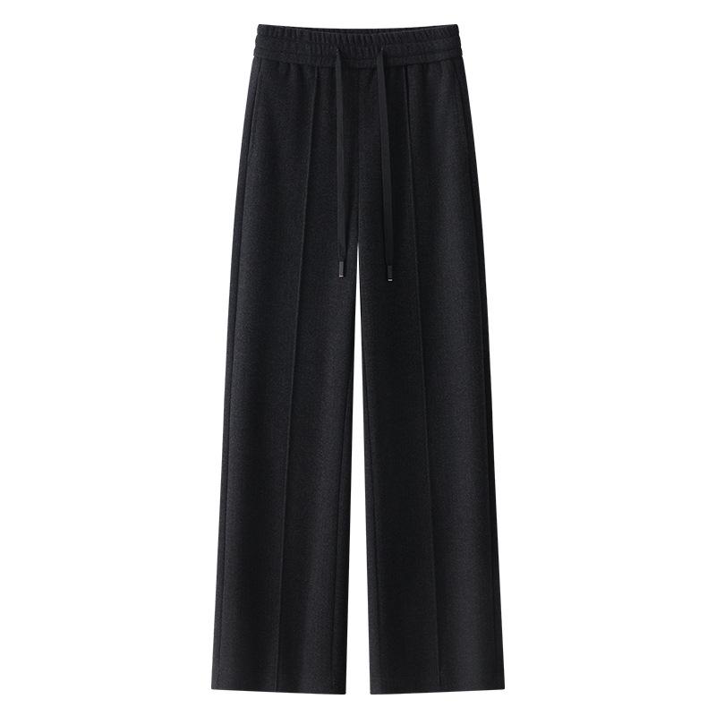 2024 New Beige Wool Blend Women's Wide-Leg Pants - Autumn/Winter Casual Straight-Leg Style