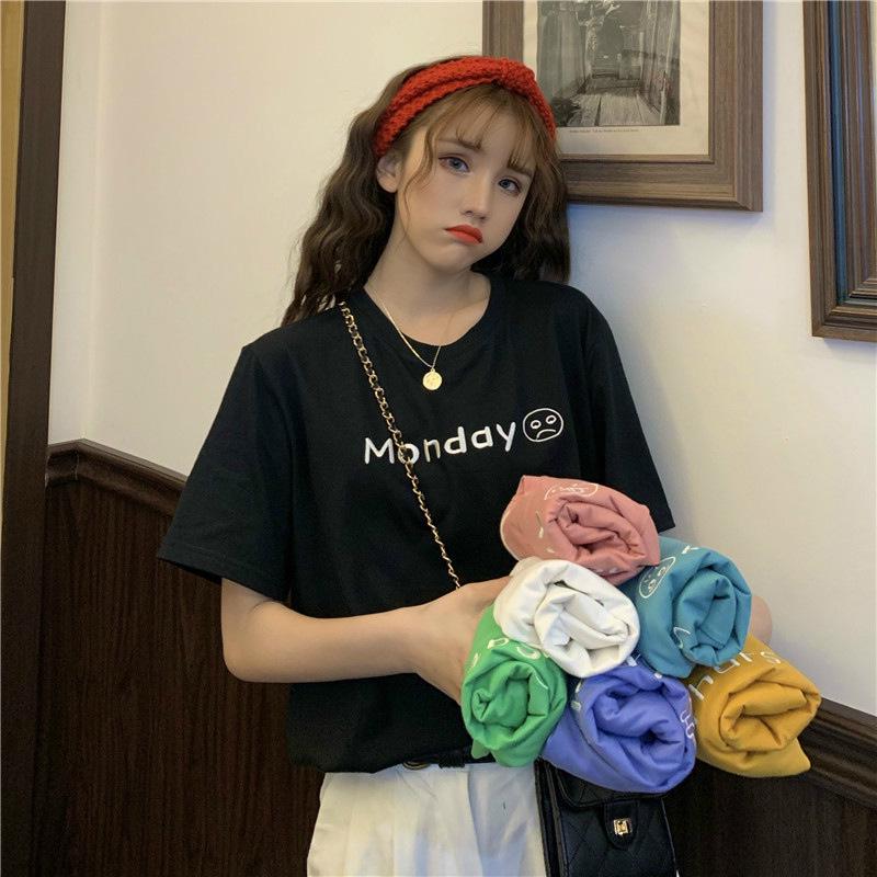 

Женская летняя футболка в корейском стиле с вышивкой - Свободный крой, Топ с коротким рукавом Large чёрный