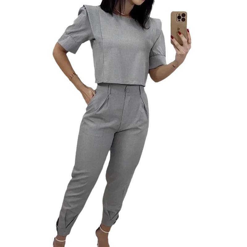 Ensemble Haut Manches Évêque Couleur Unie Européen & Américain Automne 2024 & Pantalon Skinny Taille Haute