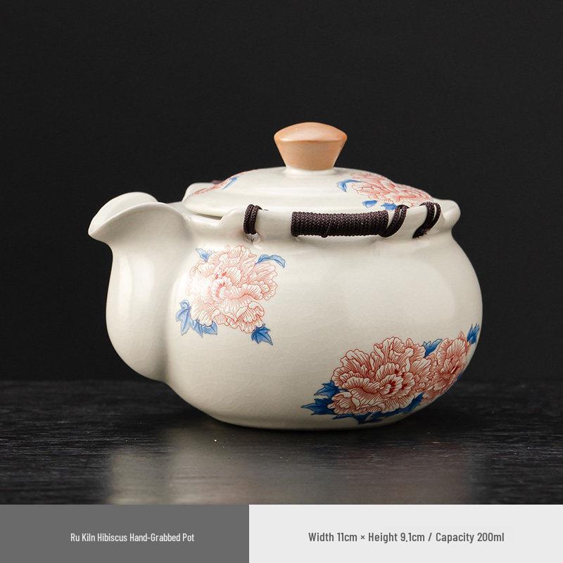 Elegant Ru Kiln Hibiscus Teapot Set: Includes Beige Side-Handle Pot, Lid, Bowl, Filter Screen, Tea Wash Pitcher, Gong Dao Bei for Gongfu Tea.