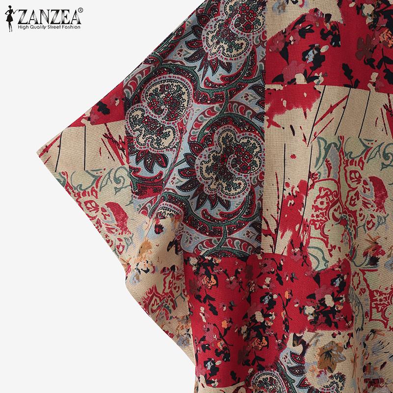 ZANZEA Blusa casual de algodón con cuello redondo y manga dolman con estampado étnico para mujer
